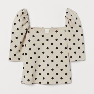 H&M Cream Black Polka Dot Print Puff Sleeve Sweetheart Top Size Large